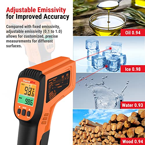 ThermoPro TP450 Dual Laser Temperature Gun for Cooking, Digital Infrared Thermometer for Pizza Oven Grill, Laser Thermometer Gun with Adjustable Emissivity Temp Gun -58℉to 1022℉(Not for Human) - Image 4