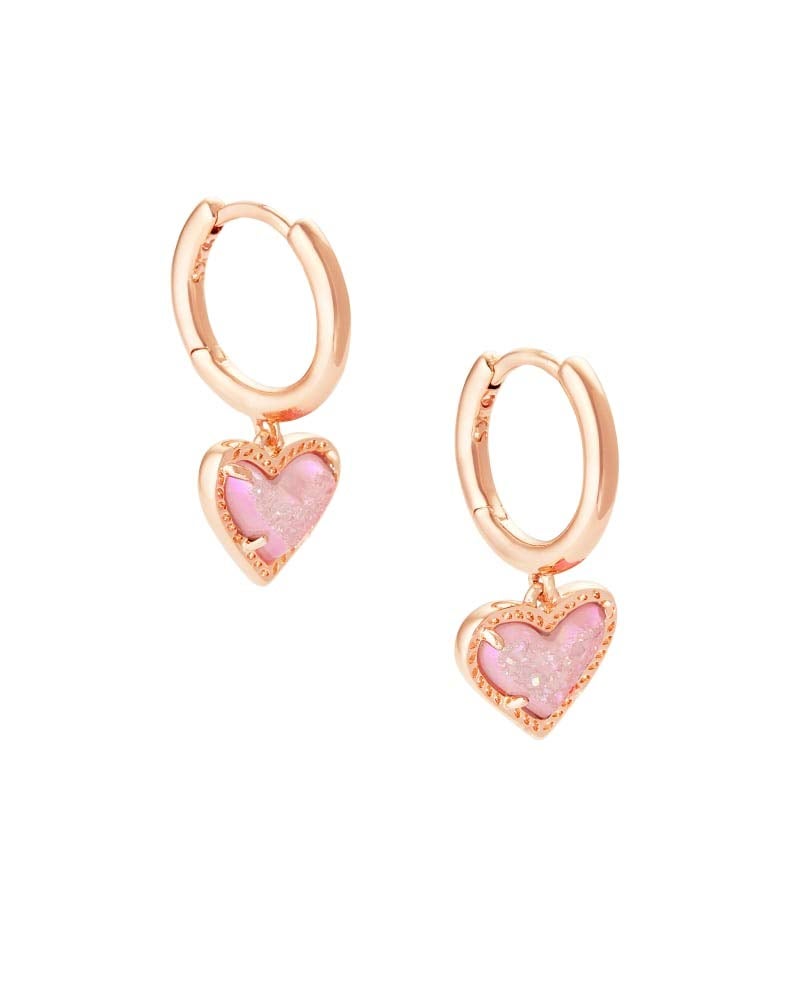 Kendra Scott Ari Heart Huggie Earrings in Rose Gold Pink Drusy - Image 1