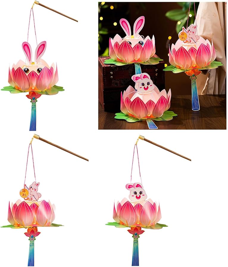 طقم حرفة فانوس ورقي بتصميم أرانب للأطفال لتزيين مهرجان منتصف الخريف، ملون - Image 3