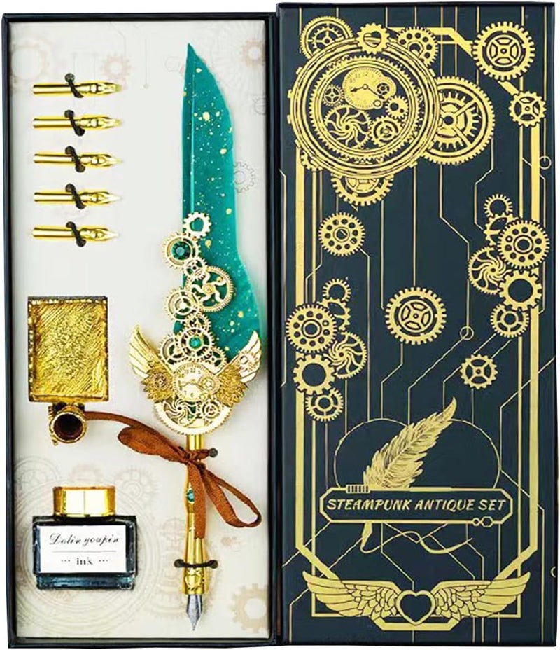 PLUSPOINT طقم قلم ريشة قديم وحبر، 8 قطع، قلم حبر فاخر للكتابة، قلم خط عربي، ديكور رجعي، قلم غمس، قرطاسية مكتبية، هدايا الشركات للتوقيع، متعدد الألوان - Image 1