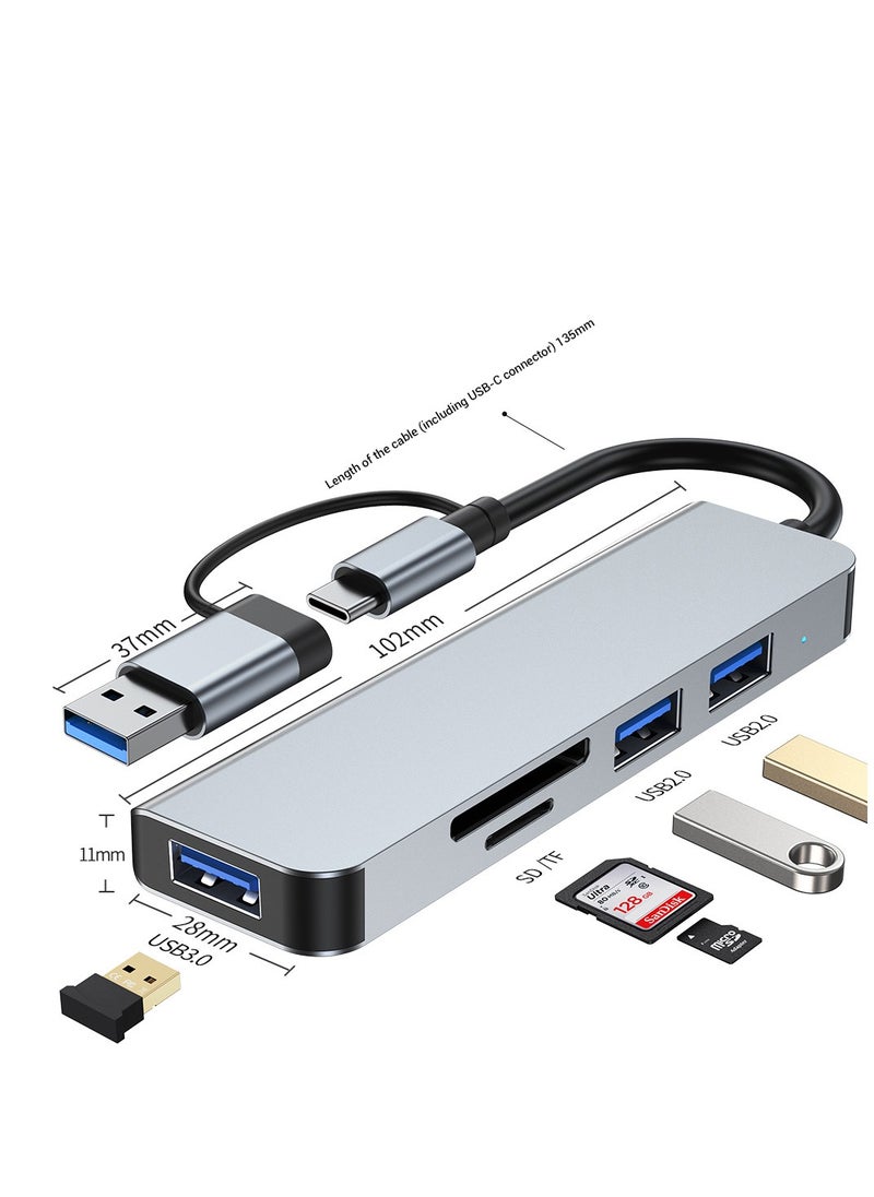 Generic 5-in-1 Dark Gray USB Hub with USB 3.0, 2 USB 2.0 Ports, SD/TF Card Readers, and Type-C Adapter for Laptops and PCs 