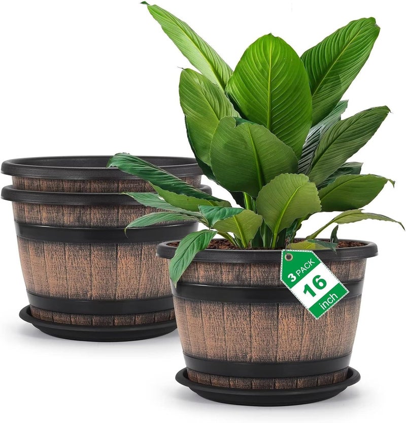 Quarut Large Plastic Plant Pots Set of 3 Pack16 inch,Whiskey Barrel Planters with Drainage Holes & Saucer.Flower Pots Imitation Wine Barrel Design for Indoor & Outdoor Garden Balcony Plants.7 Gallons【Brown】 - Image 1