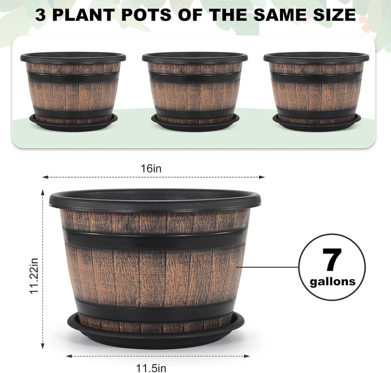 Quarut Large Plastic Plant Pots Set of 3 Pack16 inch,Whiskey Barrel Planters with Drainage Holes & Saucer.Flower Pots Imitation Wine Barrel Design for Indoor & Outdoor Garden Balcony Plants.7 Gallons【Brown】 - Image 2