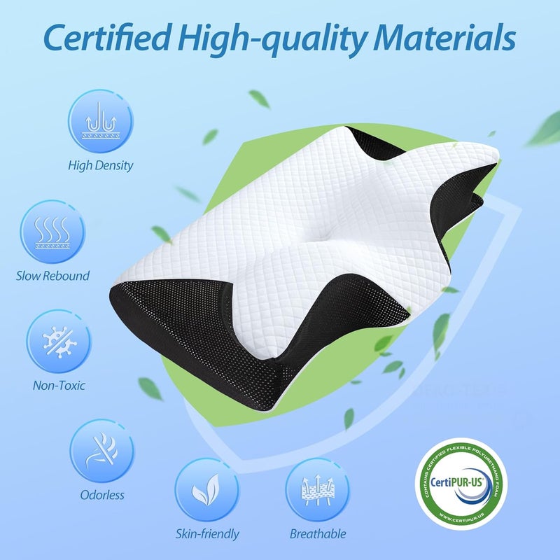 Memory Foam Pillow - 2 in 1 Neck Support Pillow for Side, Back, and Stomach Sleepers with Breathable Pillowcase (Black) - Image 5