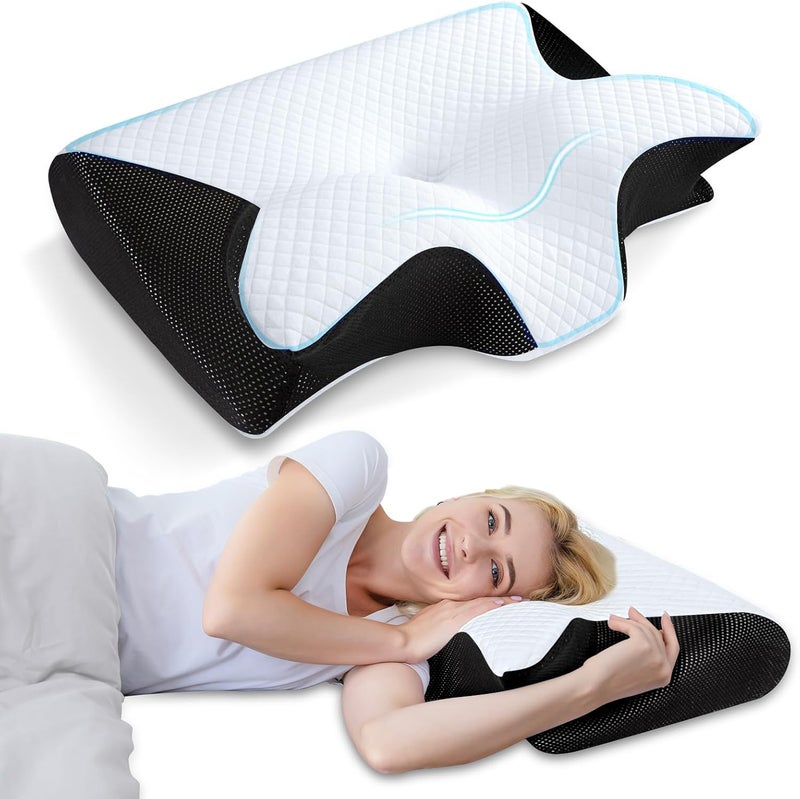 Memory Foam Pillow - 2 in 1 Neck Support Pillow for Side, Back, and Stomach Sleepers with Breathable Pillowcase (Black) - Image 1
