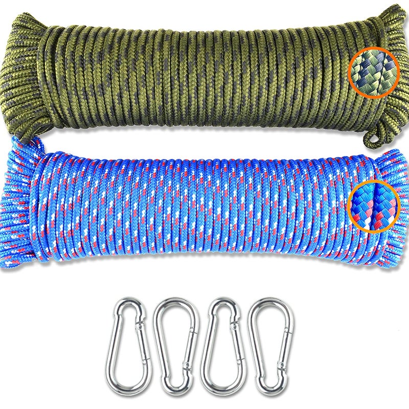 Wellmax Diamond Braided Polypropylene Rope with Uv Treatment and Weather Resistant 2 Pack 316 Inch X 100ft MultiColor with 4 Bonus Spring Links