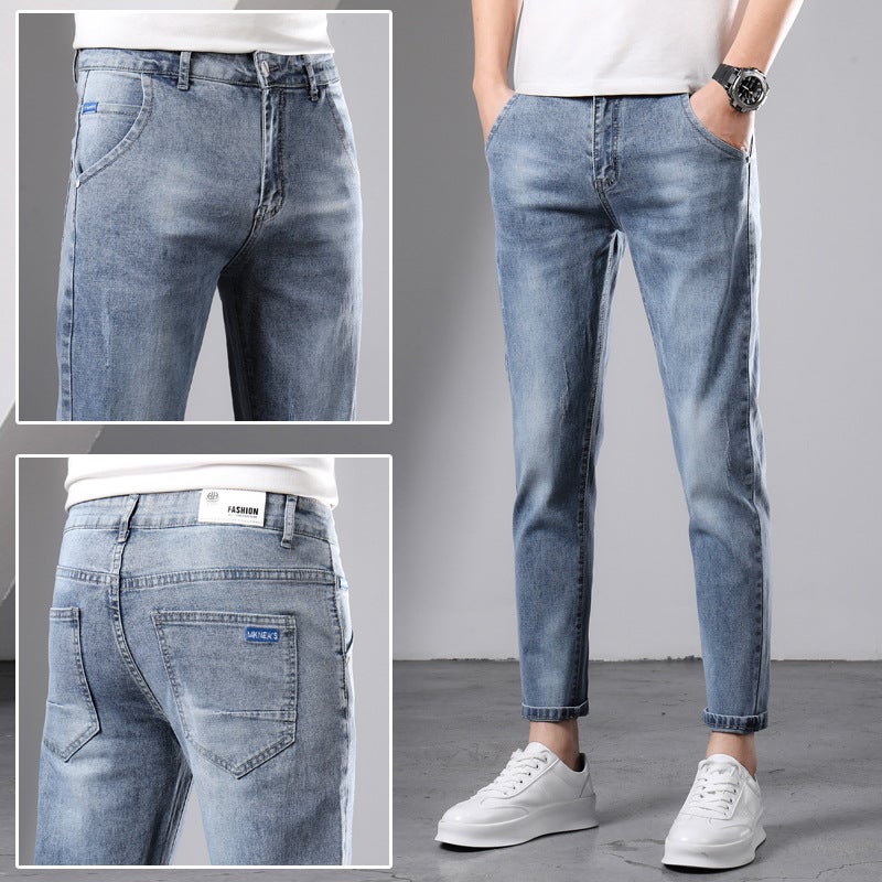 Generic Denim Trousers Mens Fashionable Brand Casual Ankle-length Pants Mens Youth Slim-fit Tingles Autumn Korean-style Light Blue Micro Haren Pants G311 