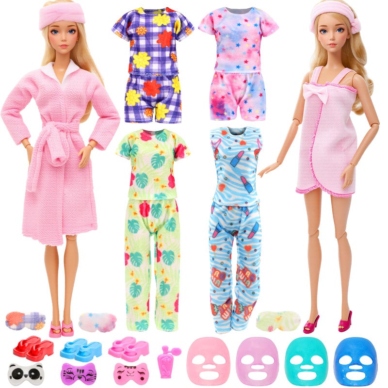 ENOCHT 23 Pcs Doll Clothes and Accessories Including 6 Sets Bathrobes Pajamas, Towels, Headband, 3 Slippers and 8 Toiletries Accessories for 11.5 inch Girl Doll - Image 1
