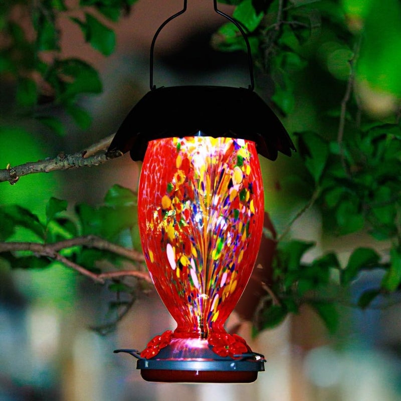 REZIPO Solar Hummingbird Feeder for Outdoors Hanging Colorful Lighting 32 Oz Hand Blown Glass Hummingbird Feeder for Garden Decoration with Accessories (Firework) - Image 4