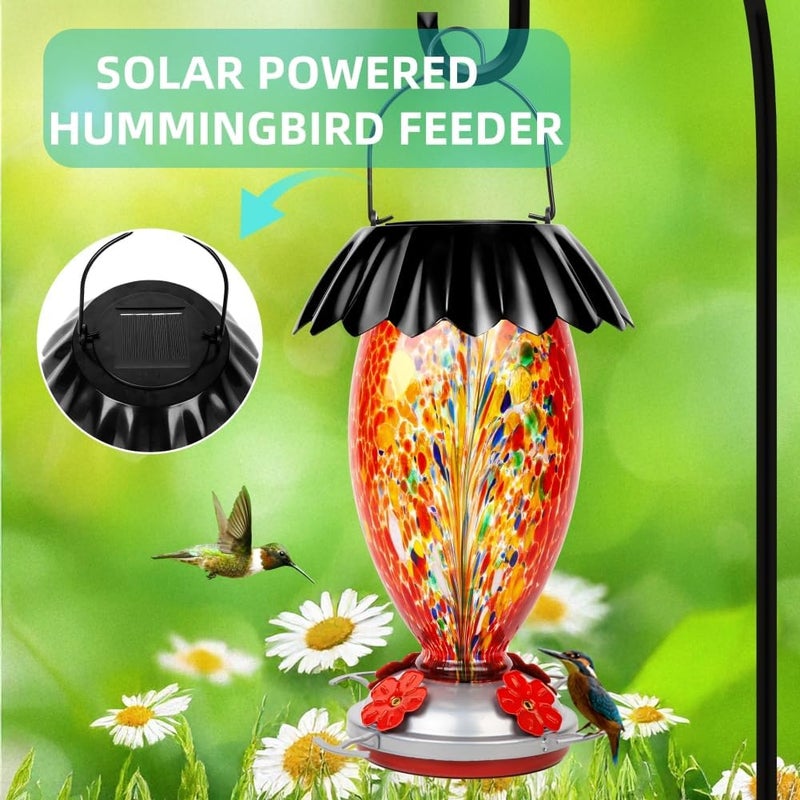 REZIPO Solar Hummingbird Feeder for Outdoors Hanging Colorful Lighting 32 Oz Hand Blown Glass Hummingbird Feeder for Garden Decoration with Accessories (Firework) - Image 2