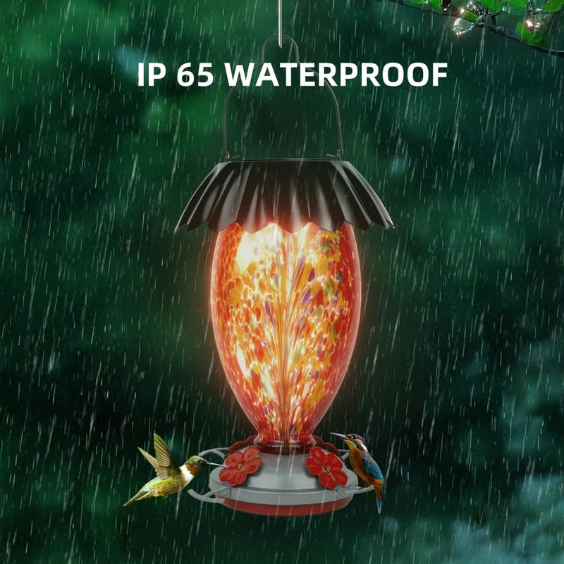 REZIPO Solar Hummingbird Feeder for Outdoors Hanging Colorful Lighting 32 Oz Hand Blown Glass Hummingbird Feeder for Garden Decoration with Accessories (Firework) - Image 5