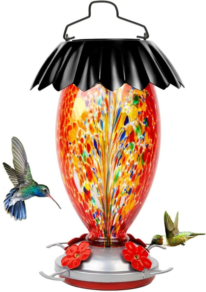 REZIPO Solar Hummingbird Feeder for Outdoors Hanging Colorful Lighting 32 Oz Hand Blown Glass Hummingbird Feeder for Garden Decoration with Accessories (Firework) - Image 1
