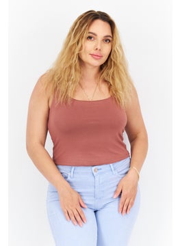 Women Square Neck Sleeveless Plain Tank Top, Brown