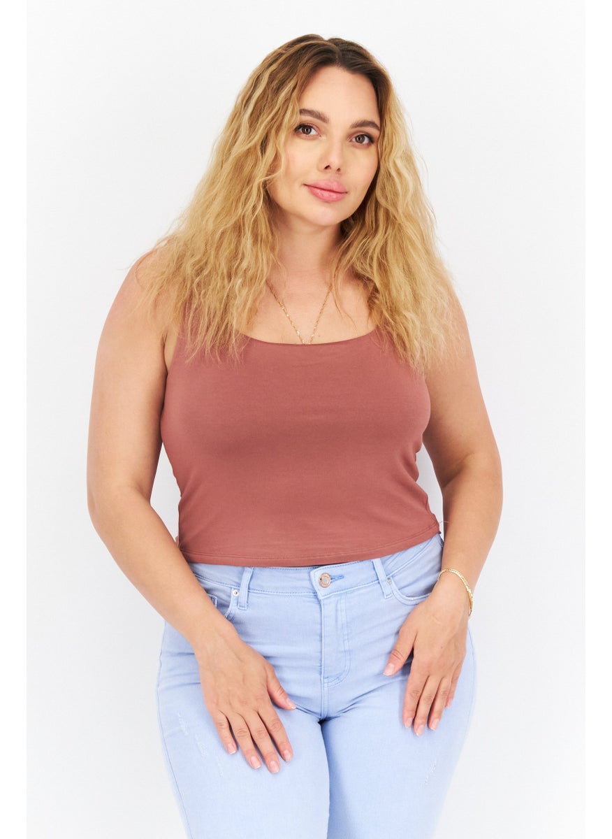 Gentle Fawn - Women Square Neck Sleeveless Plain Tank Top, Brown - Image 1