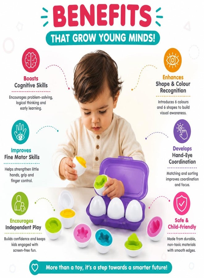 Toymate Smarty Eggs Matching Puzzle Egg Sorter Set for Toddlers 18M+ | Shape & Color Matching Learning Toy | Montessori Educational Gift for Boys & Girls | Fine Motor Skills Toy - Image 3