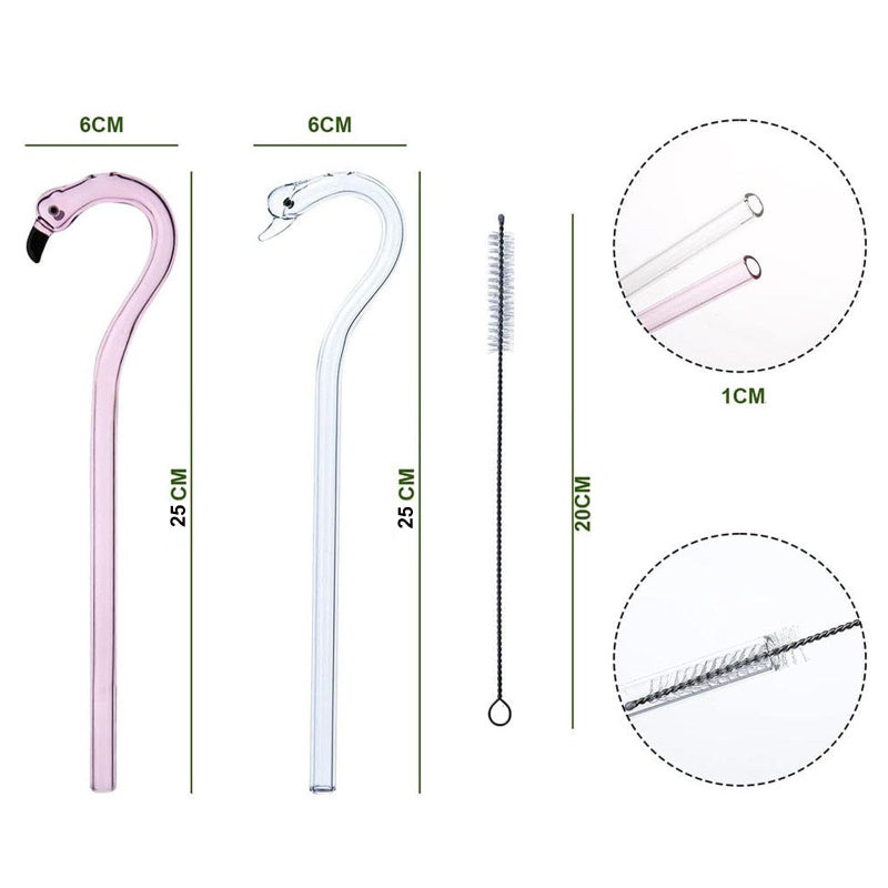 Caressolove 2 Pcs Anti Wrinkle Straw + 2 Pcs Reusable Glass Straws with 2 Cleaning Brushes, Cute Swan Flamingo Shape Glass Straws Shatter Resistant for Smoothies, Milkshakes, Juices, Teas - Image 4
