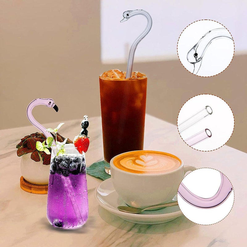 Caressolove 2 Pcs Anti Wrinkle Straw + 2 Pcs Reusable Glass Straws with 2 Cleaning Brushes, Cute Swan Flamingo Shape Glass Straws Shatter Resistant for Smoothies, Milkshakes, Juices, Teas - Image 5