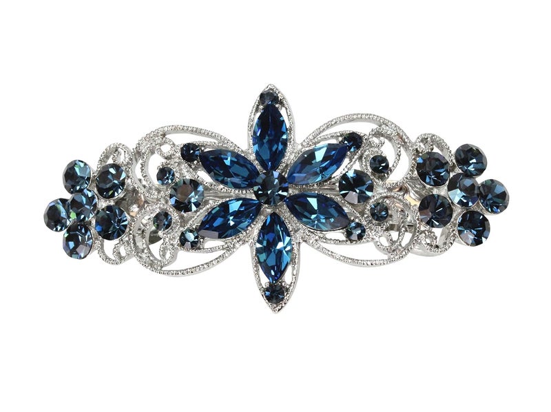 Faship Gorgeous Navy Blue Rhinestone Crystal Flora Hair Barrette Clip