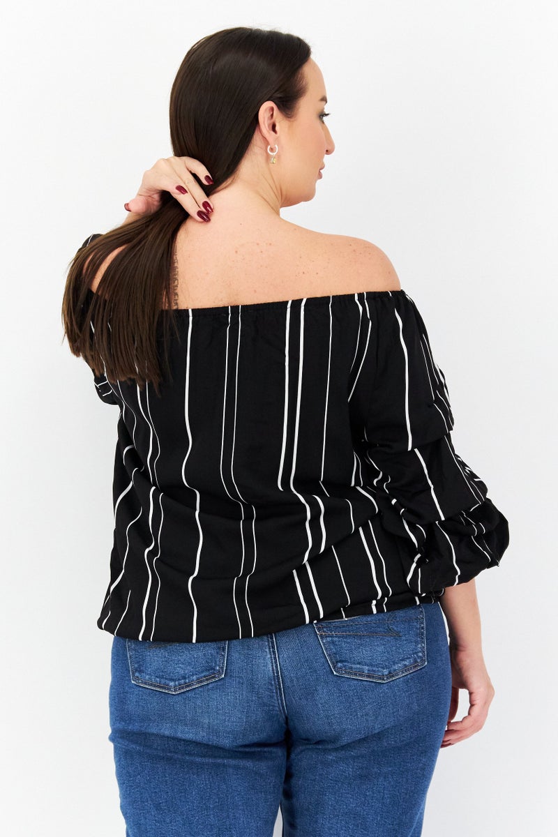 VINCE CAMUTO Women Off Shoulder Short Sleeves Striped Blouse, Black  - Image 3