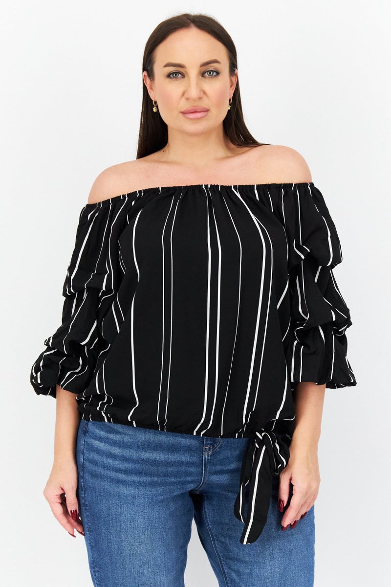 VINCE CAMUTO Women Off Shoulder Short Sleeves Striped Blouse, Black  - Image 1