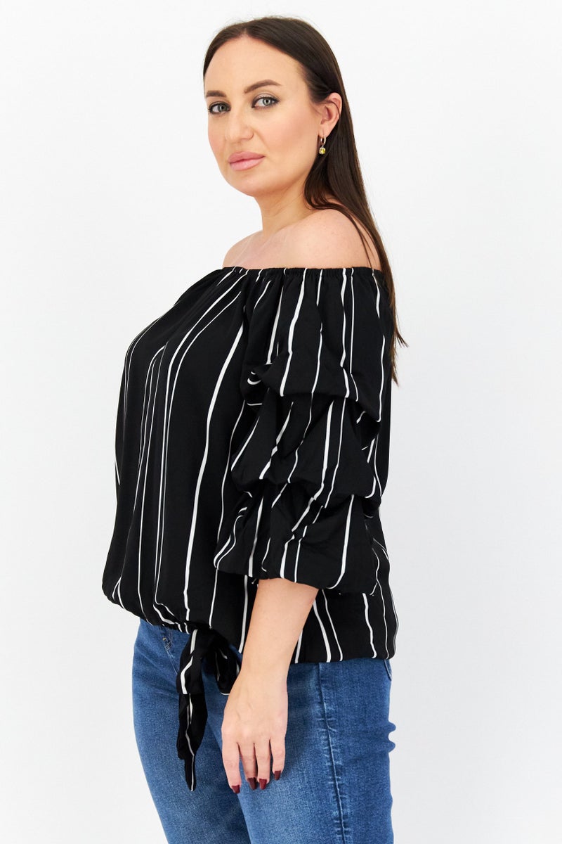 VINCE CAMUTO Women Off Shoulder Short Sleeves Striped Blouse, Black  - Image 4