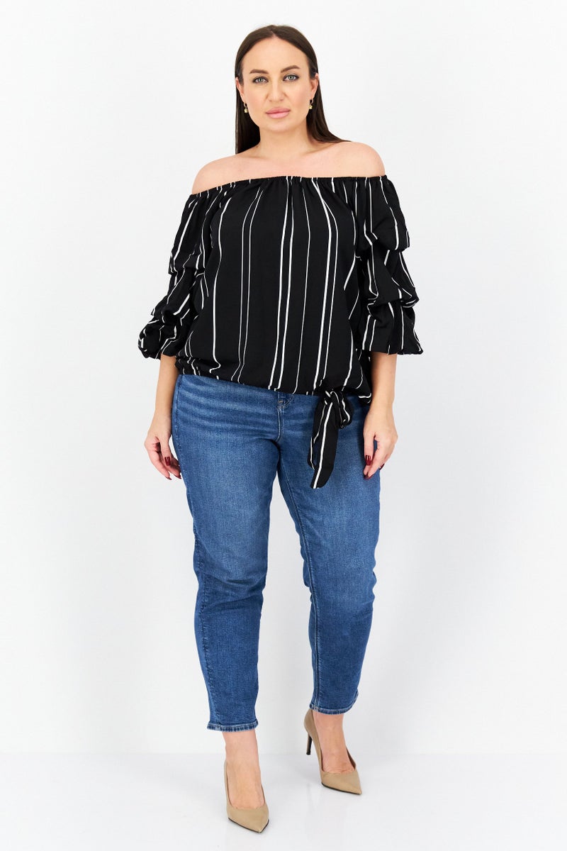 VINCE CAMUTO Women Off Shoulder Short Sleeves Striped Blouse, Black  - Image 2