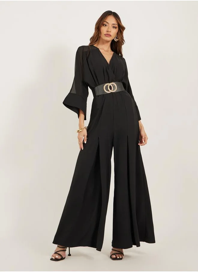 Styli Pleated Bell Sleeve V-Neck Flared Leg Jumpsuit