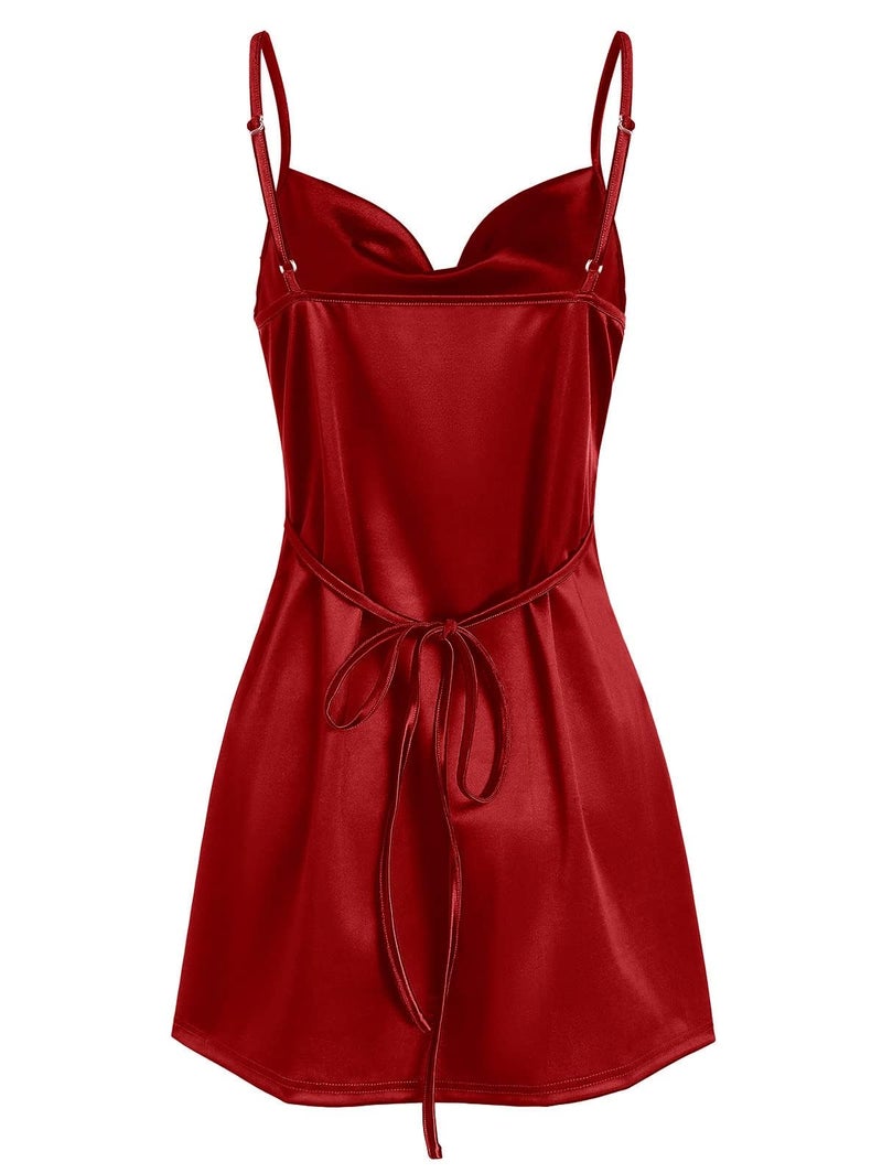 ZAFUL Women's Satin Sleeveless Spaghetti Strap Mini Dress Sexy Slip Cowl Neck Silky Cocktail Party Dresses(Red, M) - Image 2