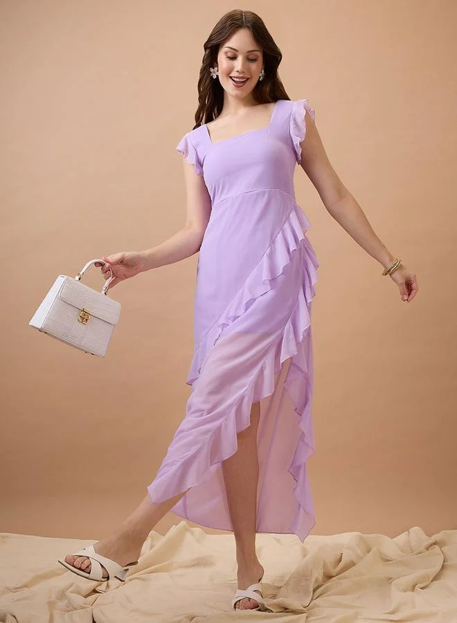 globus Lavender Square Neck Ruffle Hem Midi Dress
