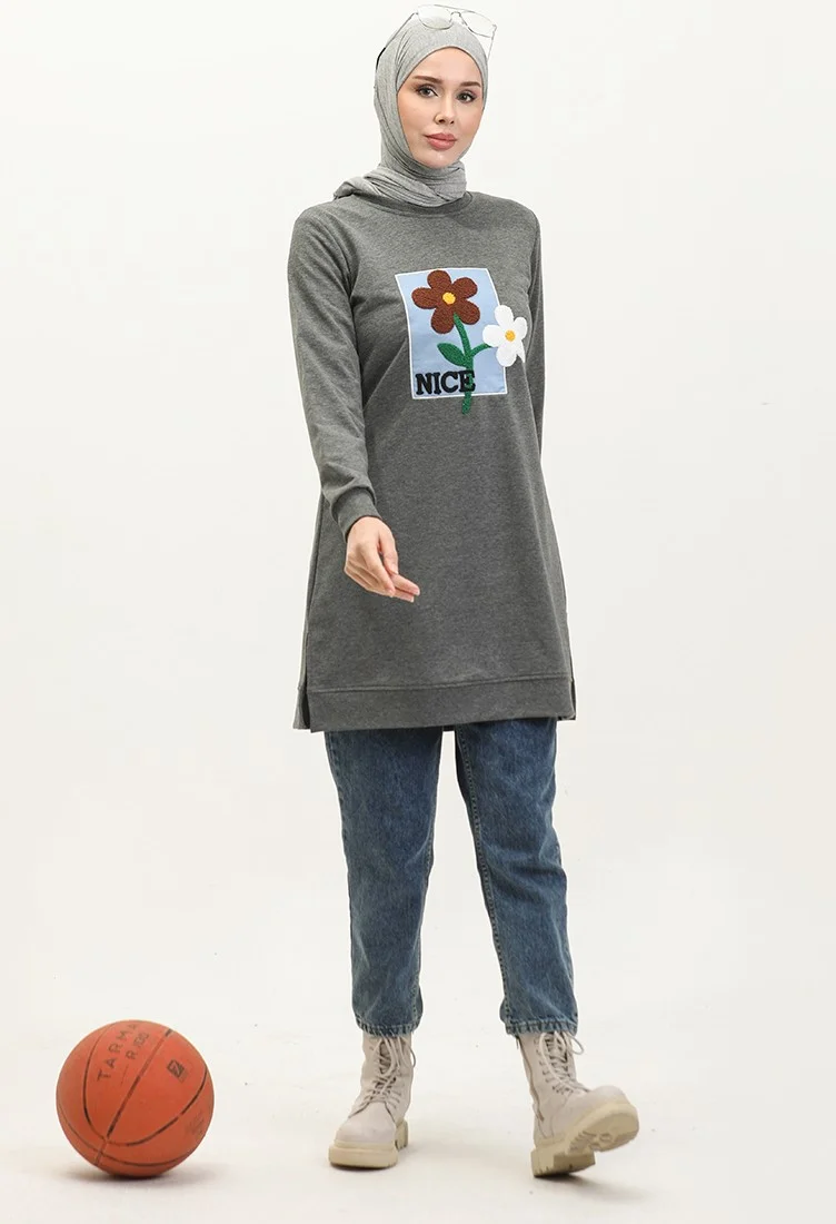 Sefa Merve Daisy Embroidered Tunic 9116-05 Anthracite