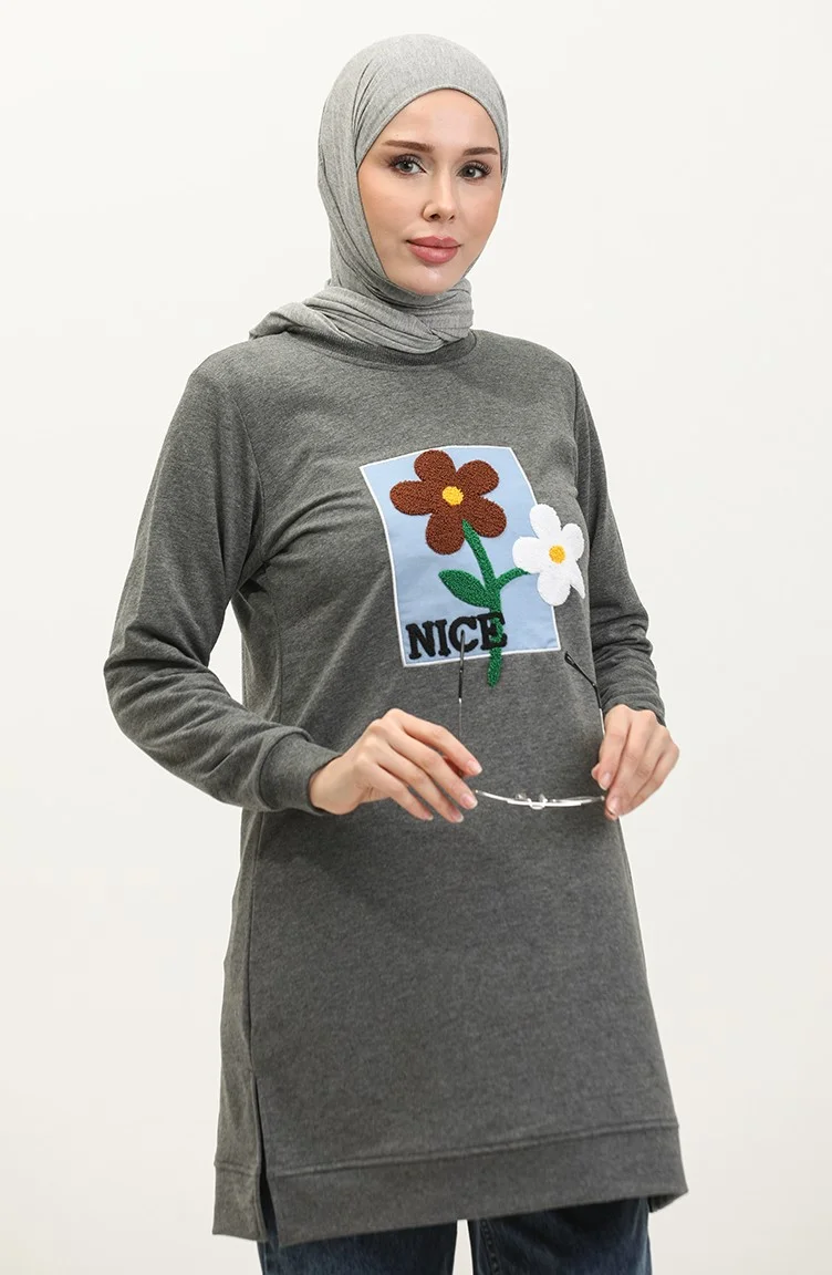 Sefa Merve Daisy Embroidered Tunic 9116-05 Anthracite