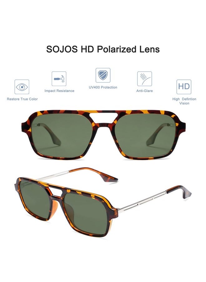 Sojos Vintage Polarized Aviator Sunglasses For Women Men 70S Retro Flat Narraw Rectangular Womens Glasses Sj2186 With Leopard Green Lens  - Image 2