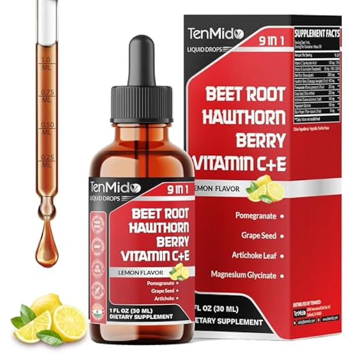 Tenmido 9in1 Beet Root Extract Liquid Drops with Vitamin C, Vitamin E, Hawthorn Berry, Pomegranate, Grape Seed, Artichoke, Magnesium Glycinate, and Black Pepper - 30ml 1 Fl Oz - Image 1