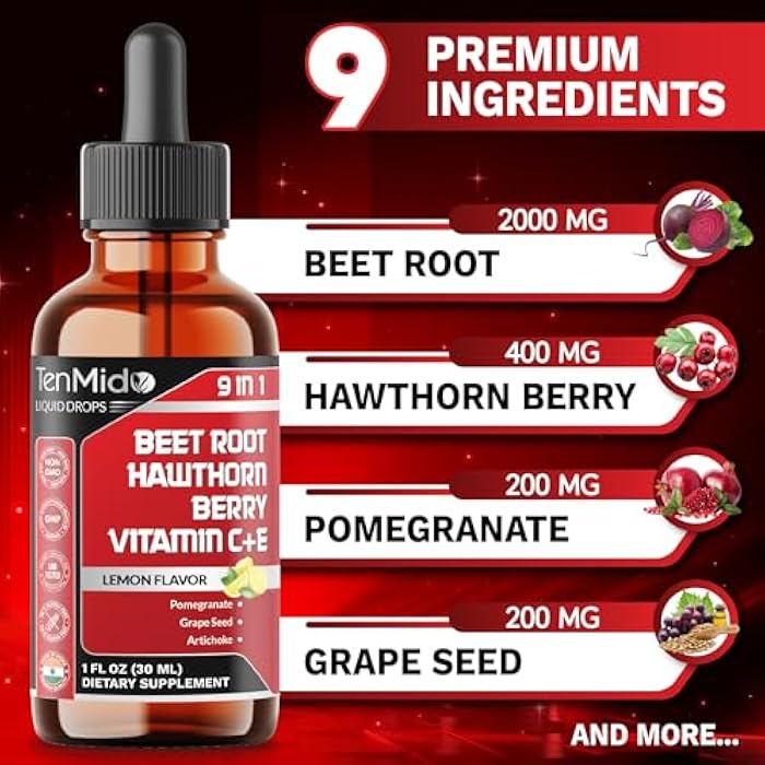 Tenmido 9in1 Beet Root Extract Liquid Drops with Vitamin C, Vitamin E, Hawthorn Berry, Pomegranate, Grape Seed, Artichoke, Magnesium Glycinate, and Black Pepper - 30ml 1 Fl Oz - Image 3
