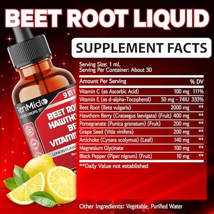 Tenmido 9in1 Beet Root Extract Liquid Drops with Vitamin C, Vitamin E, Hawthorn Berry, Pomegranate, Grape Seed, Artichoke, Magnesium Glycinate, and Black Pepper - 30ml 1 Fl Oz - Image 2