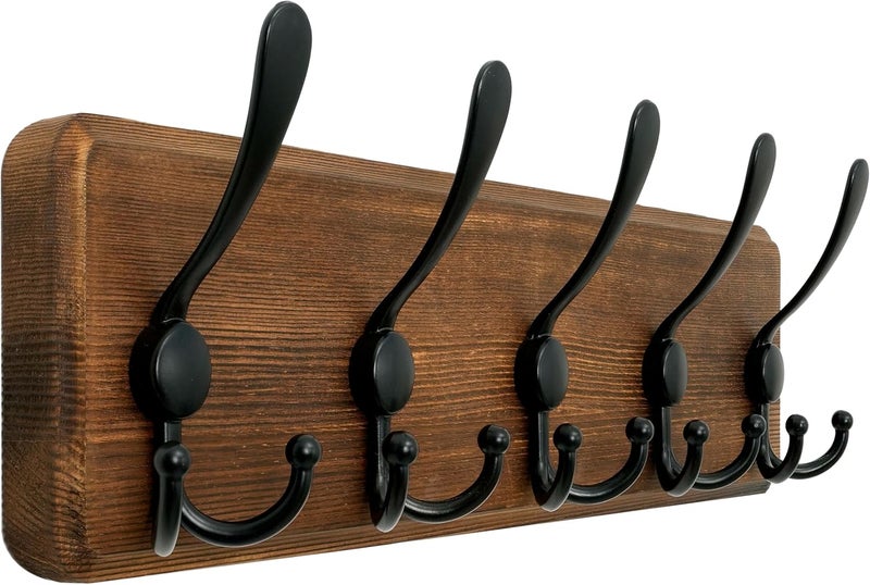 Wall Mounted Coat Rack with 5 Triple Hooks Wooden Coat Hanger for Clothes Hats - Image 1