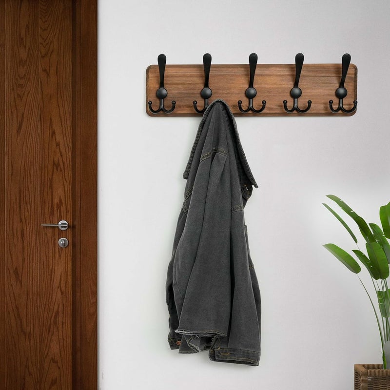 Wall Mounted Coat Rack with 5 Triple Hooks Wooden Coat Hanger for Clothes Hats - Image 2
