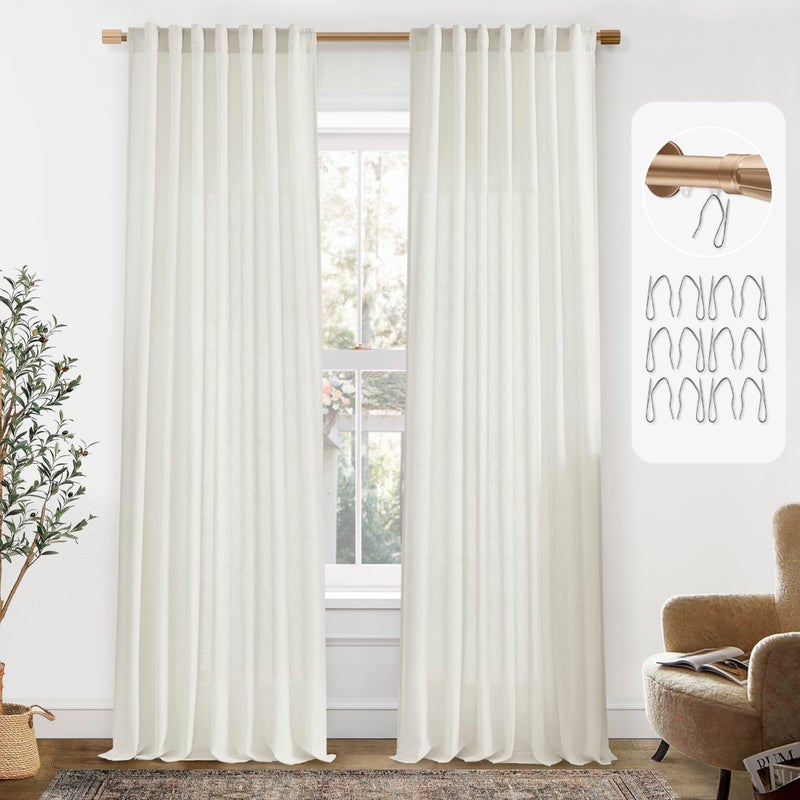PANELSBURG 90 Inch Curtains for Living Room 2 Panels Set Neutral Cottage Boho Decor Natural Linen Textured Semi Sheer Curtain 90 Inches Long for Bedroom Track System Cream Back Tab Hooks Belt - Image 2