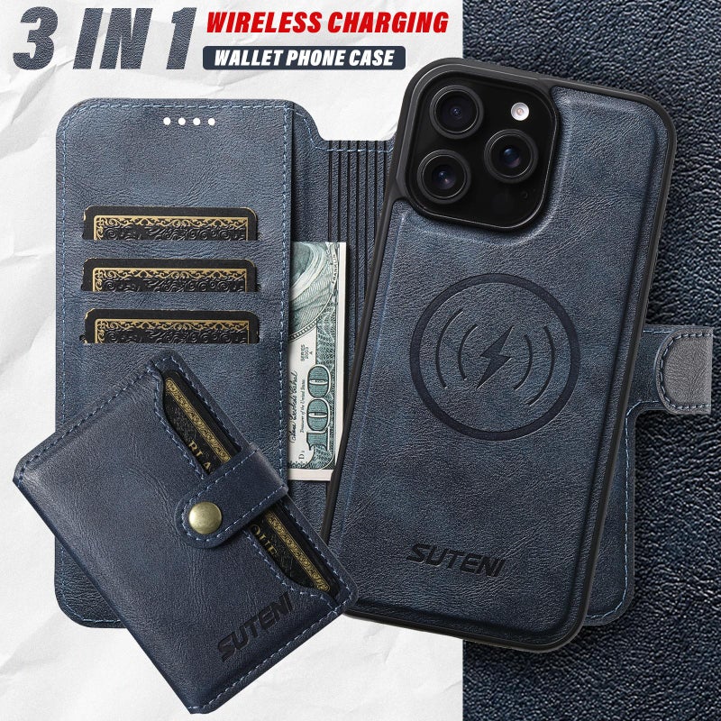 Suteni For Iphone 16 Plus Q05S1 3-In-1 Detachable Wallet Magsafe Leather Phone Case(Blue) - Image 4