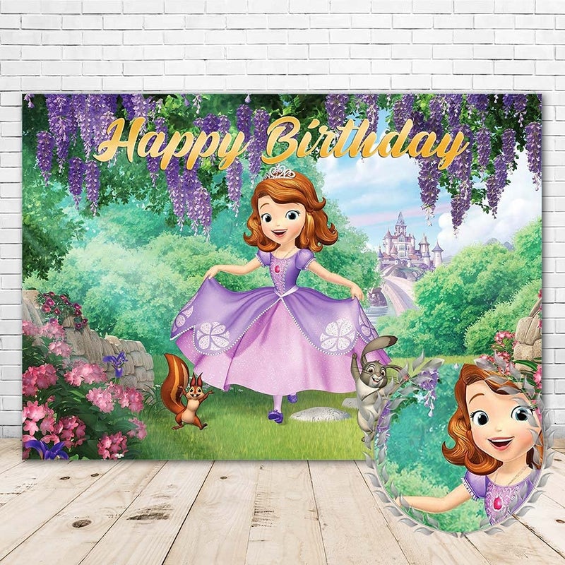 Your Little Princess Sofia Backdrop Happy Birthday 7x5 Purple Castle Forest Animals Theme Background 1st Birthday for Girls Vinyl Tea Party Wall Banner