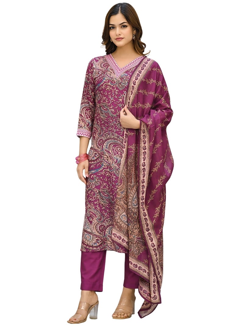 Vaamsi Women's Purple Rayon Blend Paisley Straight Printed Kurta Pant With Dupatta Set | Daily Straight Kurta Set | Printed Salwar Suit For Women (VKSKD2318, 3XL) - Image 1