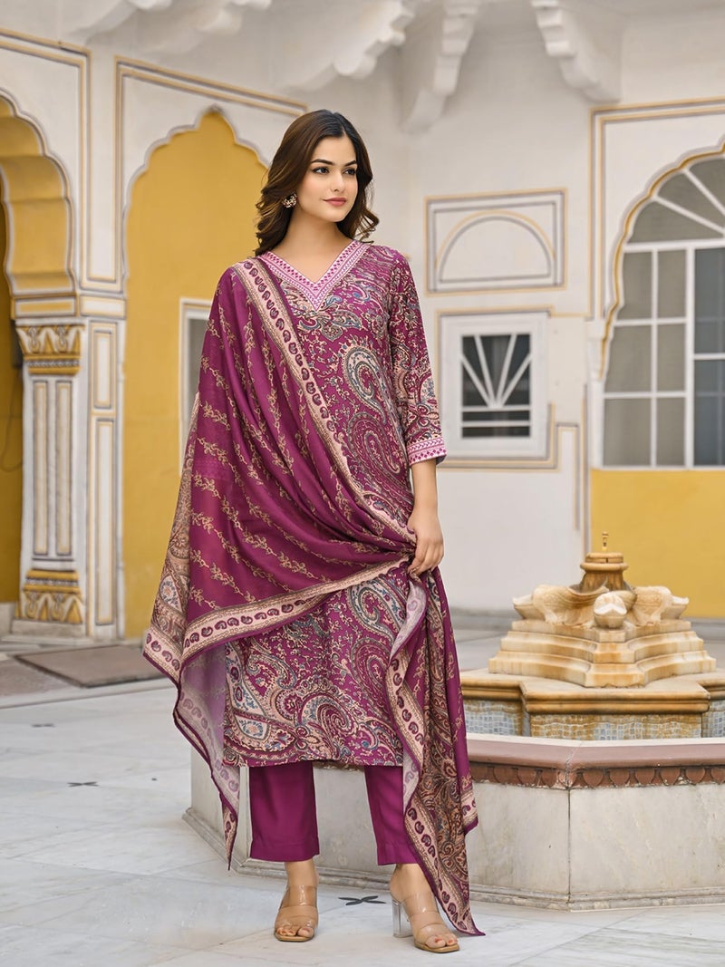 Vaamsi Women's Purple Rayon Blend Paisley Straight Printed Kurta Pant With Dupatta Set | Daily Straight Kurta Set | Printed Salwar Suit For Women (VKSKD2318, 3XL) - Image 2