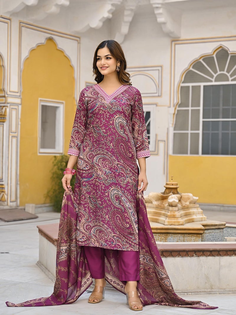 Vaamsi Women's Purple Rayon Blend Paisley Straight Printed Kurta Pant With Dupatta Set | Daily Straight Kurta Set | Printed Salwar Suit For Women (VKSKD2318, 3XL) - Image 4