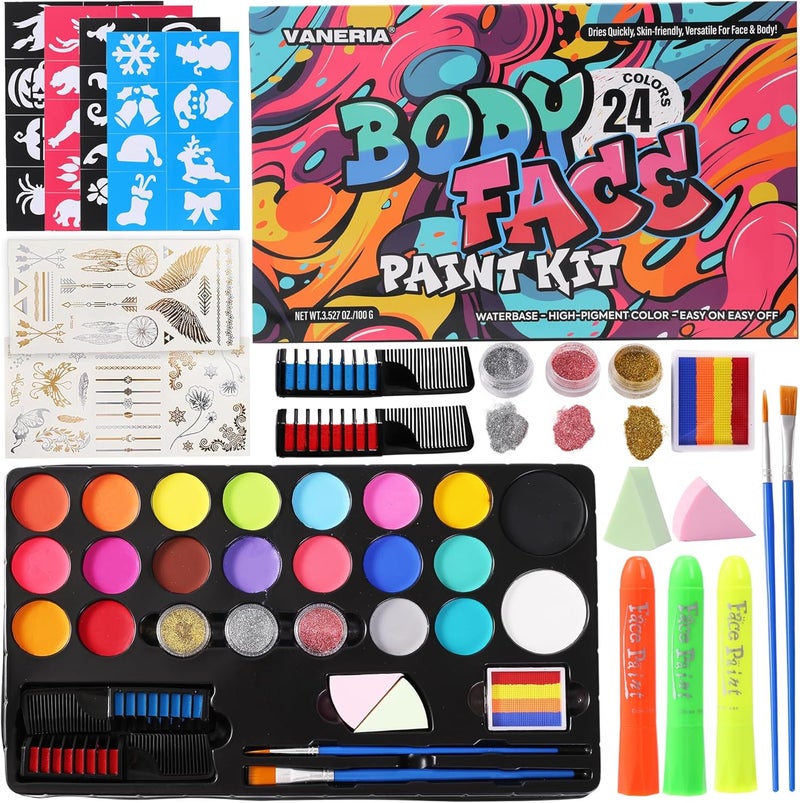 VANERIA 24 Colors Face Body Paint Kit QuickDryingWaterBased Formula with 3 Fluorescent Pens2 Hair Coloring Combs 3 Glitter6 Stencils Brushes for Halloween Party CosplayStage