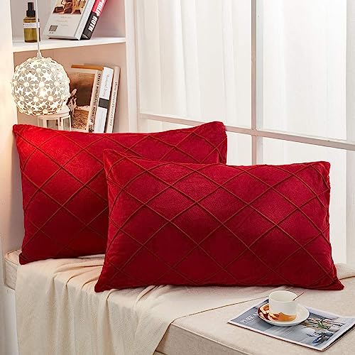 AMICA Luxurious Diamond Pinch Pleated Crystal Velvet Pillowcases Solid Pintuck Throw Cushion Cover for Home Decor Hidden Zipper Closure (Red, 16'' X 24'' Inch) - Image 1