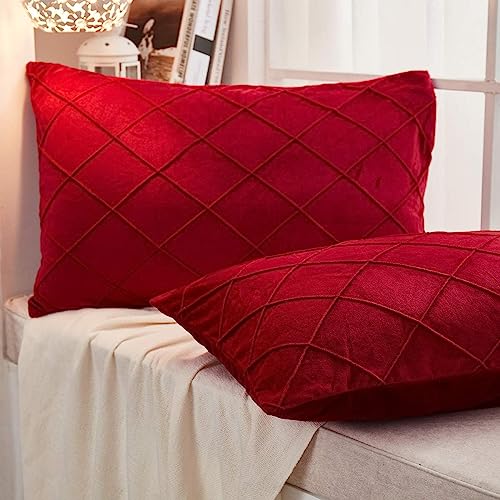 AMICA Luxurious Diamond Pinch Pleated Crystal Velvet Pillowcases Solid Pintuck Throw Cushion Cover for Home Decor Hidden Zipper Closure (Red, 16'' X 24'' Inch) - Image 3