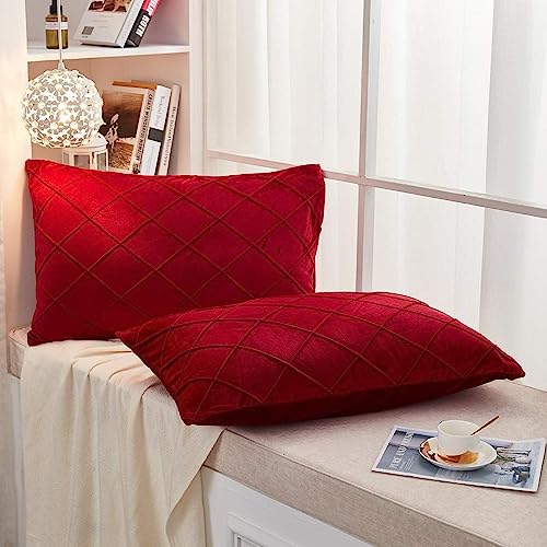 AMICA Luxurious Diamond Pinch Pleated Crystal Velvet Pillowcases Solid Pintuck Throw Cushion Cover for Home Decor Hidden Zipper Closure (Red, 16'' X 24'' Inch) - Image 2