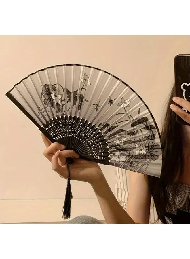 Chrysanthemum Bamboo Folding Hand Fan with Tassel for Home Dance Gift - Image 1