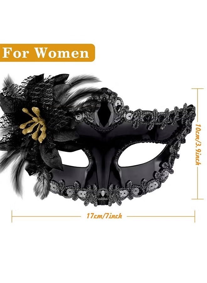 2 Pcs Couple Masquerade Mask Set Venetian Party Mask Mardi Gras Mask Costume Mask Fancy Dress Mask for Women Men (Black) - Image 2