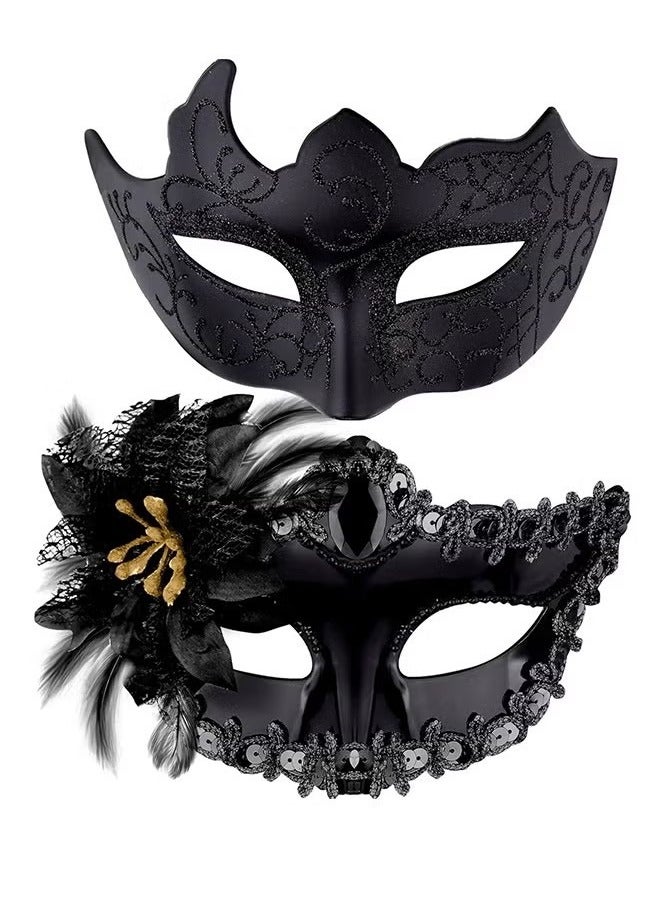 2 Pcs Couple Masquerade Mask Set Venetian Party Mask Mardi Gras Mask Costume Mask Fancy Dress Mask for Women Men (Black) - Image 1